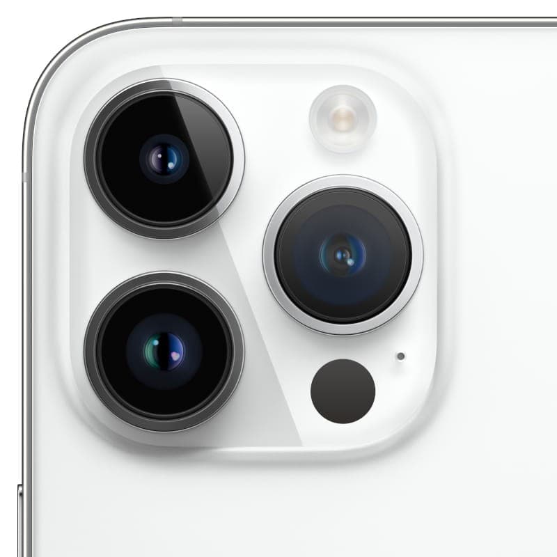 Módulo de câmeras do iPhone 14 Pro Max prateado: três lentes grandes, flash True Tone e sensor LiDAR; acabamento premium renovado em excelente estado.
