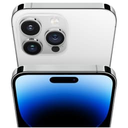 iPhone 14 Pro Max prateado, 128 GB, renovado em excelente condição; câmeras triplas com flash, tela OLED com Dynamic Island e bordas em aço brilhante.