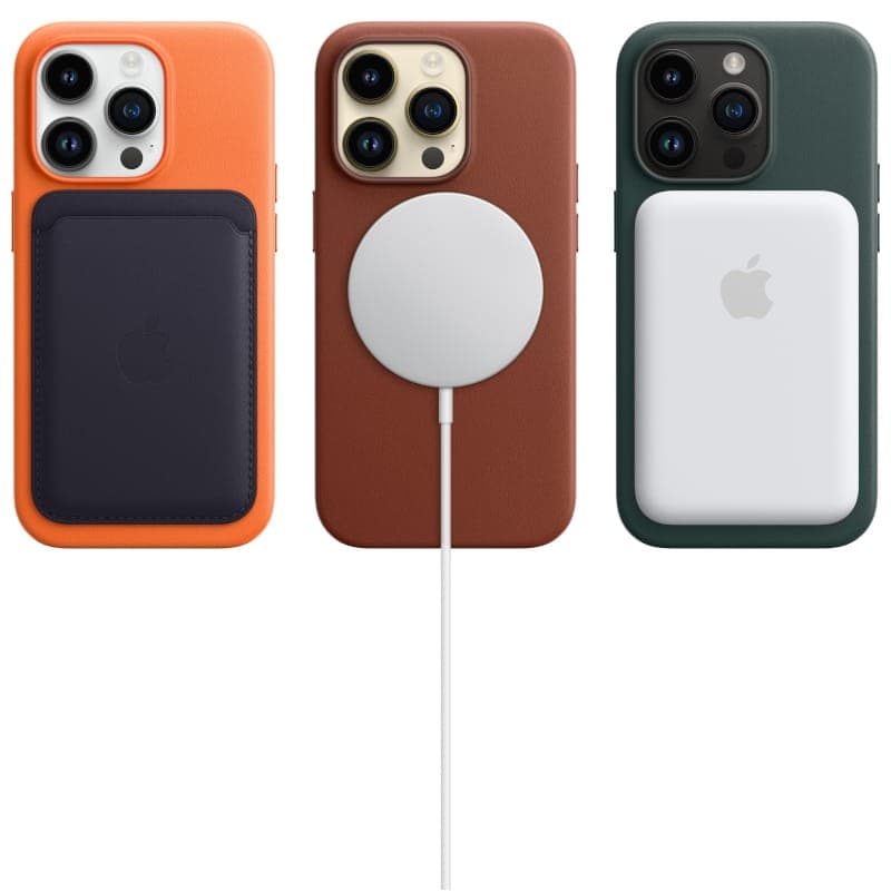 Coques cuir avec iPhone 14 Pro Noir Sidéral, triple capteur. Accessoires MagSafe: porte‑cartes, chargeur magnétique et batterie externe compatibles.