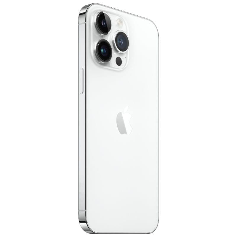 Dos argent lisse avec logo Apple, triple capteur proéminent et bordures acier brillantes. iPhone 14 Pro 128Go Renewed, état excellent.
