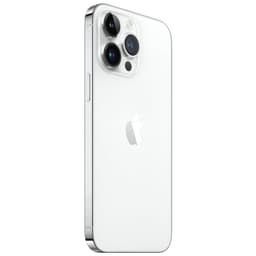 Dos argent lisse avec logo Apple, triple capteur proéminent et bordures acier brillantes. iPhone 14 Pro 128Go Renewed, état excellent.