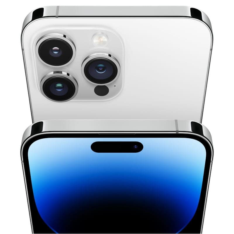 iPhone 14 Pro argent, 128 Go, reconditionné excellent état. Bordures acier, dos mat, triple capteur 48 MP, écran OLED avec Dynamic Island.