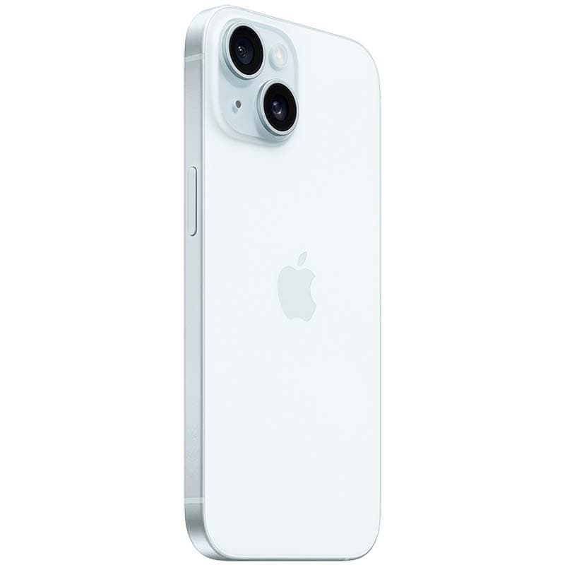 Dos de l’iPhone 15 bleu, bords plats aluminium, verre lisse, double appareil photo grand angle et ultra‑grand angle avec flash LED, logo Apple centré.