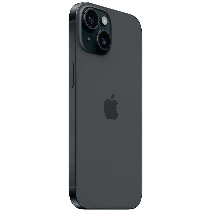 iPhone 15 5G renovado, 128GB, cor preta. Design em alumínio, bordas planas, logo Apple central, módulo duplo de câmeras traseiras com lentes grandes.