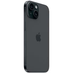 iPhone 15 5G renovado, 128GB, cor preta. Design em alumínio, bordas planas, logo Apple central, módulo duplo de câmeras traseiras com lentes grandes.