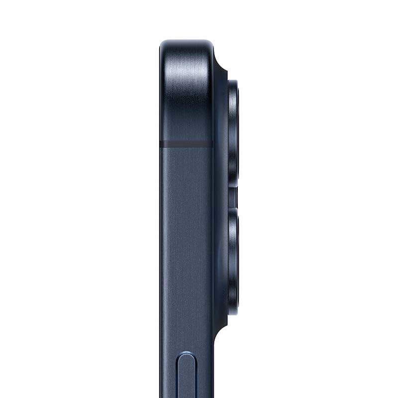 Lateral do iPhone 15 Pro em titânio azul, acabamento escovado, botão lateral e módulo de câmeras saliente; modelo 5G 256GB renovado, bom estado.