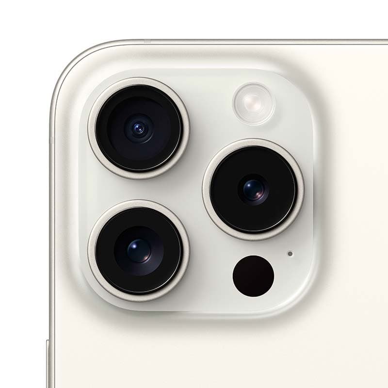 Module photo iPhone 15 Pro Titane blanc: triple capteur grand format, objectif périscopique, flash LED et capteur LiDAR, finition premium Renewed Excellent.