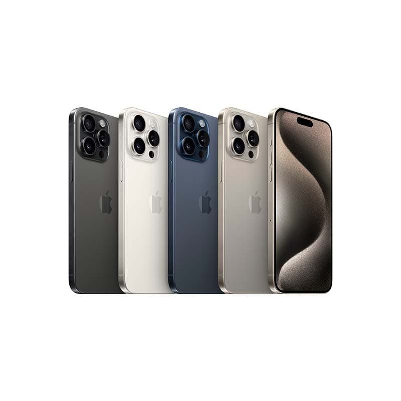 iPhone 15 Pro Max 5G 256GB em titânio natural, premium renovado. Câmeras triplas, tela ampla com Dynamic Island, cores grafite, prata e azul.