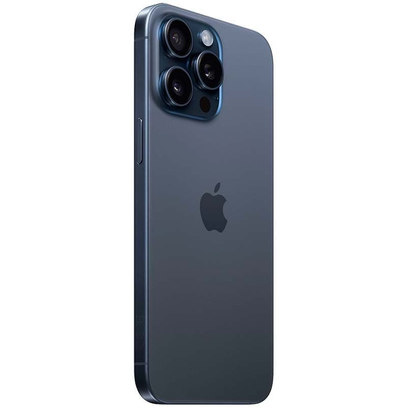 Dos bleu titane mat, cadre brossé, module triple caméra pro saillant avec flash. Design fin premium du iPhone 15 Pro Max 5G 256Go Renewed, excellent état.