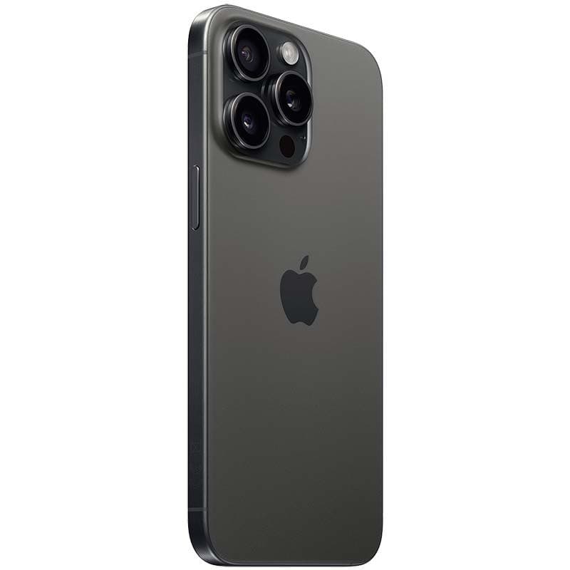iPhone 15 Pro Max 5G, 256GB, titanio negro renovado: acabado mate oscuro, marco recto, triple cámara con lentes grandes y flash, logo Apple centrado