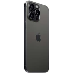 iPhone 15 Pro Max 5G, 256GB, titanio negro renovado: acabado mate oscuro, marco recto, triple cámara con lentes grandes y flash, logo Apple centrado