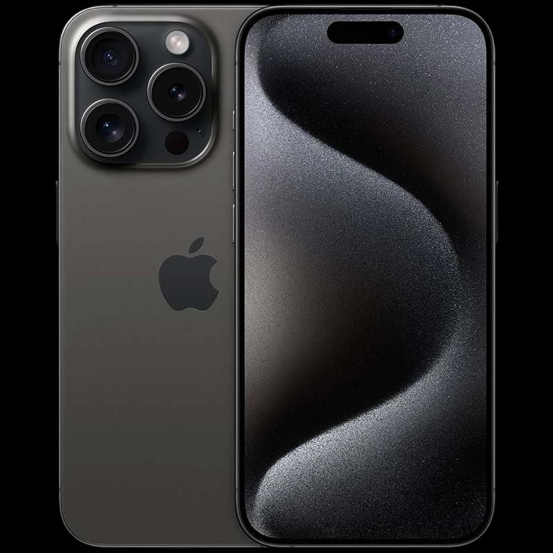 iPhone 15 Pro 5G 128GB Titânio Preto Renovado ESIM em condição excelente, com três câmeras traseiras grandes, bordas finas e tela preta brilhante