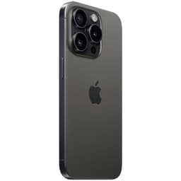 iPhone 15 Pro 5G 128Go titane noir, dos mat avec logo Apple, module photo triple proéminent, bords plats élégants, état excellent reconditionné.