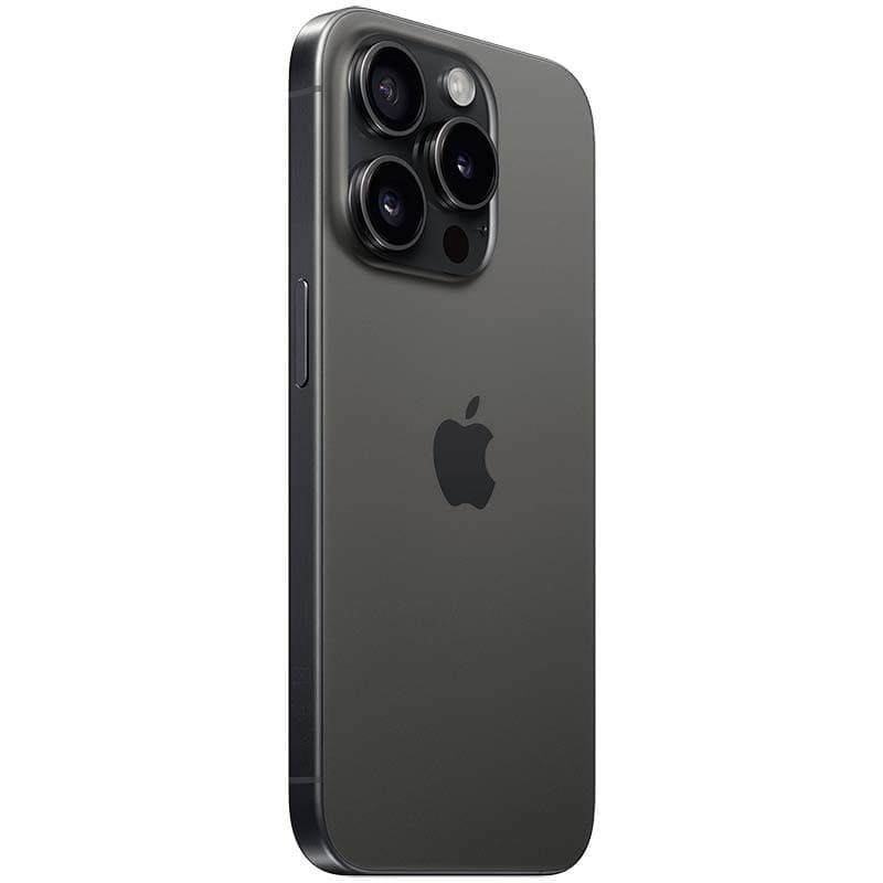 iPhone 15 Pro 5G 128GB Titânio Preto renovado, condição excelente, traseira em titânio escuro com módulo de câmera tripla grande e logo Apple central