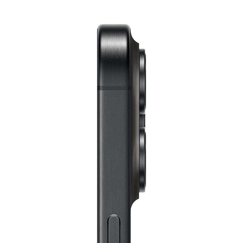 Profil latéral iPhone 15 Pro titane noir : cadre brossé, bords plats, bouton latéral discret, module triple caméra pro saillant. 5G, 128 Go, reconditionné.