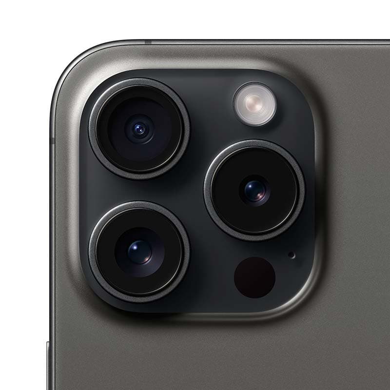 Module caméra iPhone 15 Pro Titane Noir: triple capteur grand format avec téléobjectif, ultra‑grand‑angle, flash LED et finition titane brossé. Renewed.