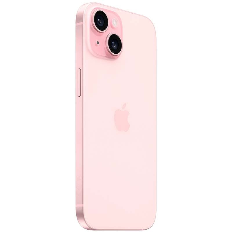 iPhone 15 5G 128GB Rosa Renovado, condição excelente. Acabamento rosa suave, duas câmeras traseiras com flash, bordas arredondadas e logo Apple central.