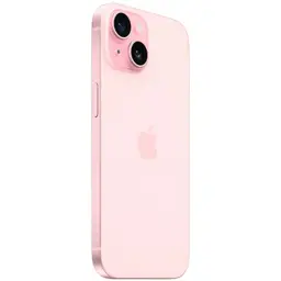 iPhone 15 5G 128GB Rosa Renovado, condição excelente. Acabamento rosa suave, duas câmeras traseiras com flash, bordas arredondadas e logo Apple central.