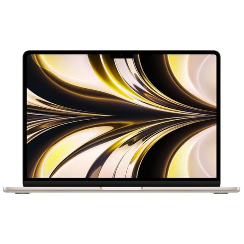 Tela Retina 13,6 pol com bordas finas, notch central e cores douradas em espiral; corpo branco Star fino, teclado baixo e trackpad amplo, estado excelente