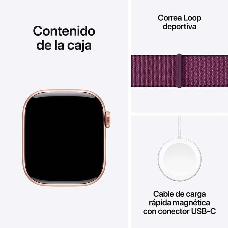 Apple Watch Series 10 GPS 42mm Aluminium Or rose avec Bracelet Boucle Sport Prune - contenu de l'emballage