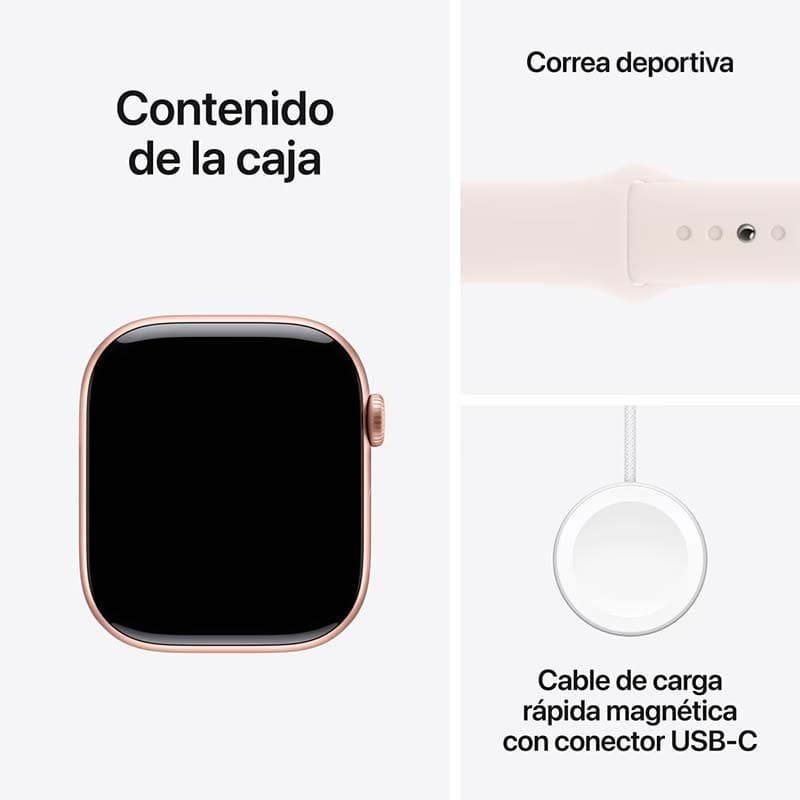 Apple Watch Series 10 GPS 46mm Alumínio Rosa‑dourado com Bracelete Desportiva M/L - conteúdo da embalagem