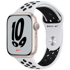 Apple Watch Nike Series 7 GPS + Cellular Boîtier en Aluminium 45mm Lumière Stellaire avec Bracelet Nike Sport Platine/Noir