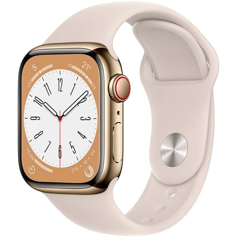 Relógio inteligente Apple Watch Series 8 GPS+Cellular 41mm Aço Inoxidável Dourado com Bracelete desportiva Luz das estrelas - Item