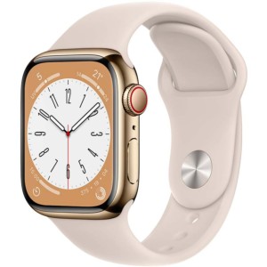 Montre Connectée Apple Watch Series 8 GPS+Cellular 45mm Acier Inoxydable Or avec Bracelet Sport Lumière stellaire