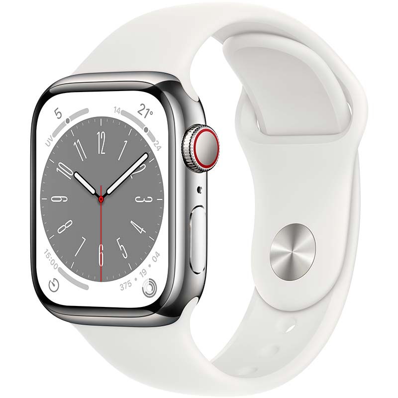 Relógio inteligente Apple Watch Series 8 GPS+Cellular 41mm Aço Inoxidável Prateado com Bracelete desportiva Branca - Item