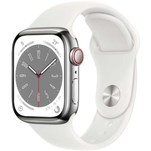 Montre Connectée Apple Watch Series 8 GPS+Cellular 45mm Acier Inoxydable Argent avec Bracelet Sport Blanc