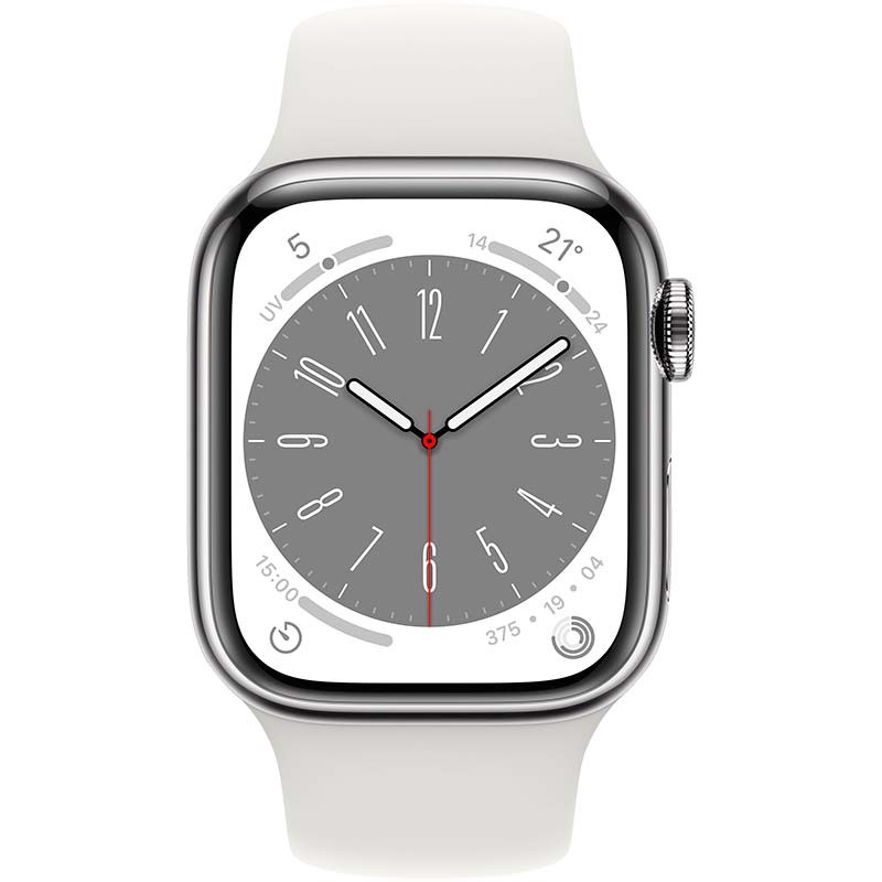 Reloj inteligente Apple Watch Series 8 GPS+Cellular 45mm Acero Inoxidable Plata con Correa Deportiva Blanca - Ítem1