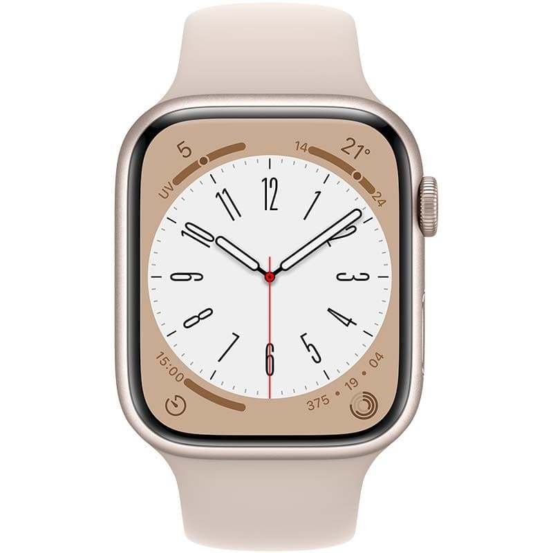 Vista frontal do Apple Watch Series 8 GPS+Cellular 45mm Alumínio com pulseira Star White Sport