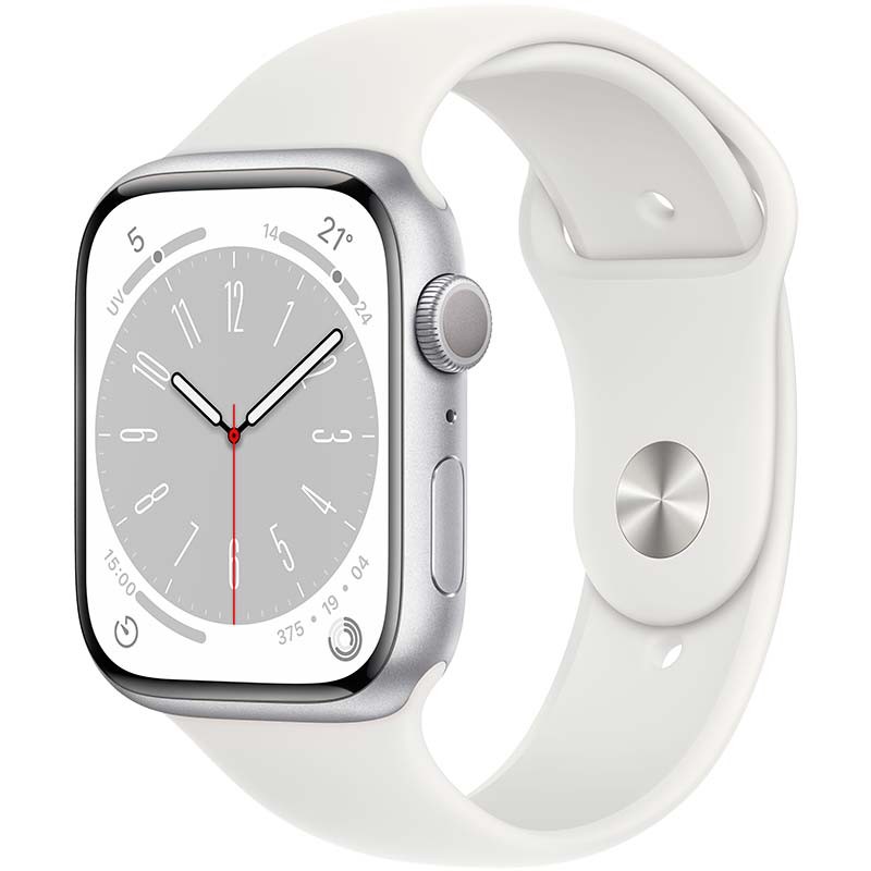 seguro Discriminar arco Apple Watch Series 8 GPS 45mm Aluminio Plata con Correa Deportiva Blanca