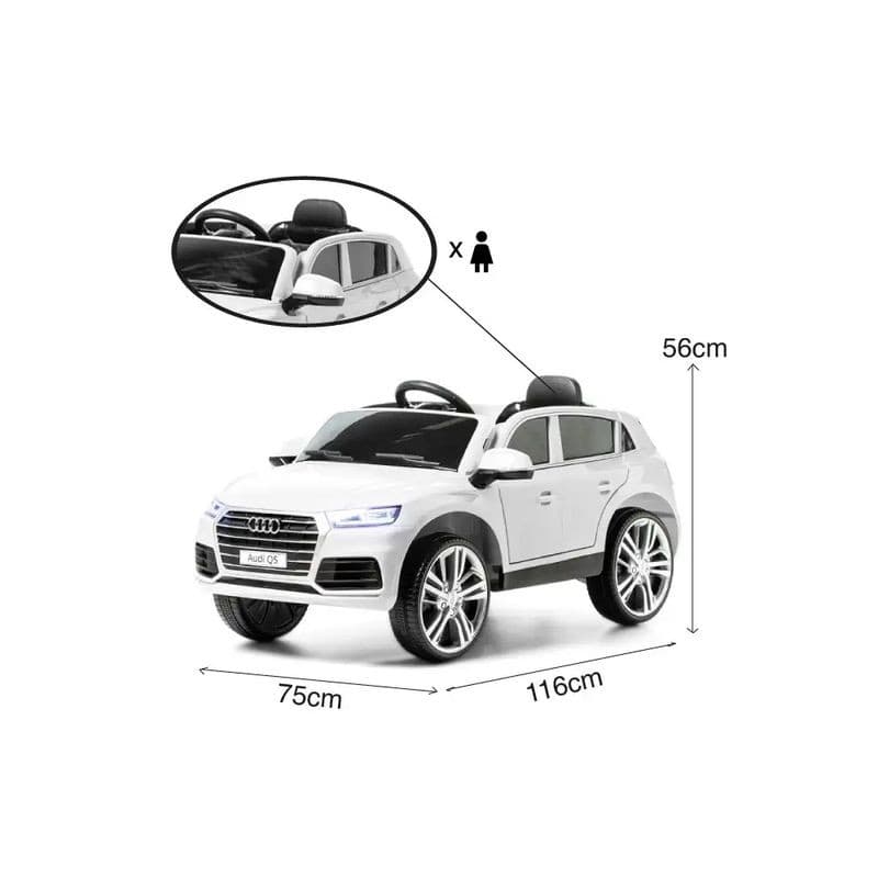 Audi Q5 12V Blanco para niños con asiento individual, volante, faros LED, llantas deportivas grandes y medidas 116x75x56 cm; estilo SUV realista