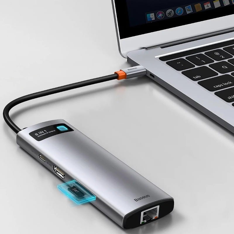 Baseus Hub Metal Gleam 8 em 1 Type-C 3x USB 3.0 PD HDMI RJ45 SD Leitor de cartão microSD - Item4