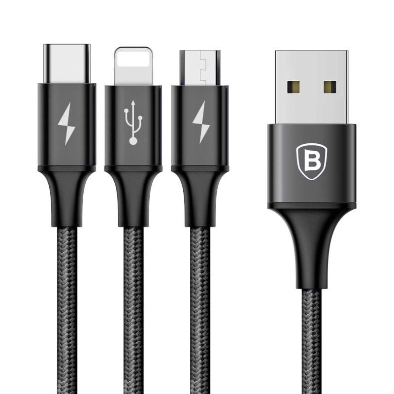 Baseus Cabo Rapid 3 em 1 USB para USB Tipo C + Lighting + Micro USB 1.2M