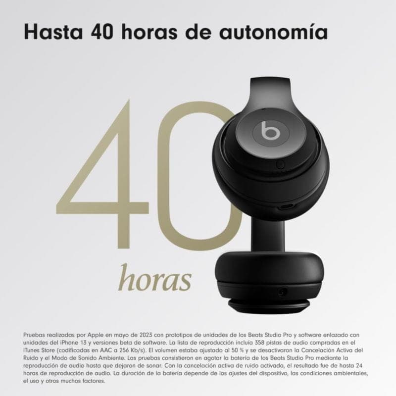 Casque Beats Studio Pro ANC noir et doré, arceau rembourré, oreillettes circum-auriculaires, logo b, design épuré, autonomie jusqu’à 40 heures