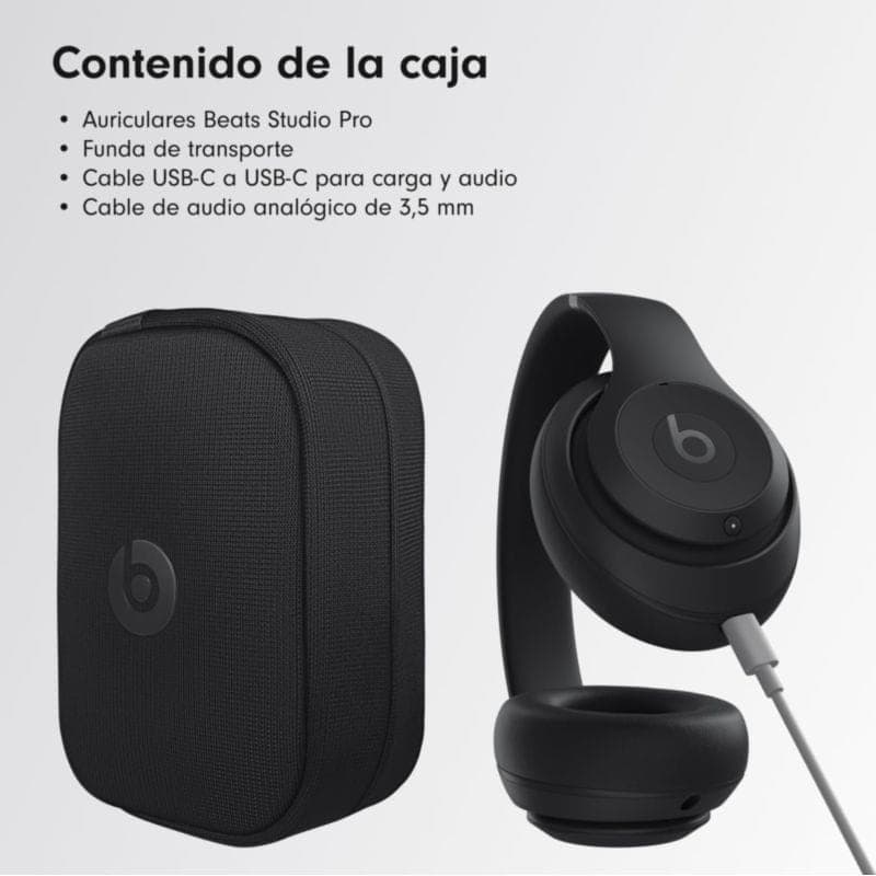 Casque Beats Studio Pro ANC noir et doré avec arceau mat, oreillettes rondes, logo b doré, câble USB‑C et câble audio 3,5 mm, étui rigide inclus