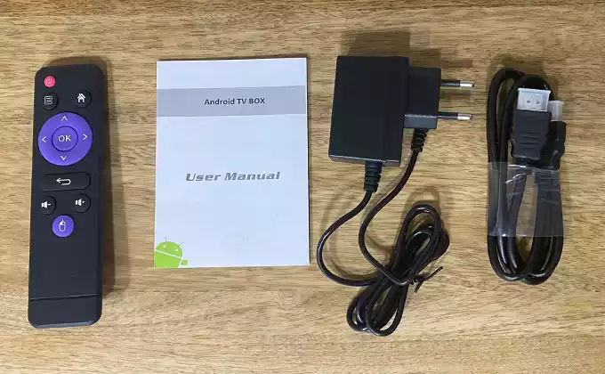 Conteúdo da caixa H96 Max, manual de instruções, comando e cabos