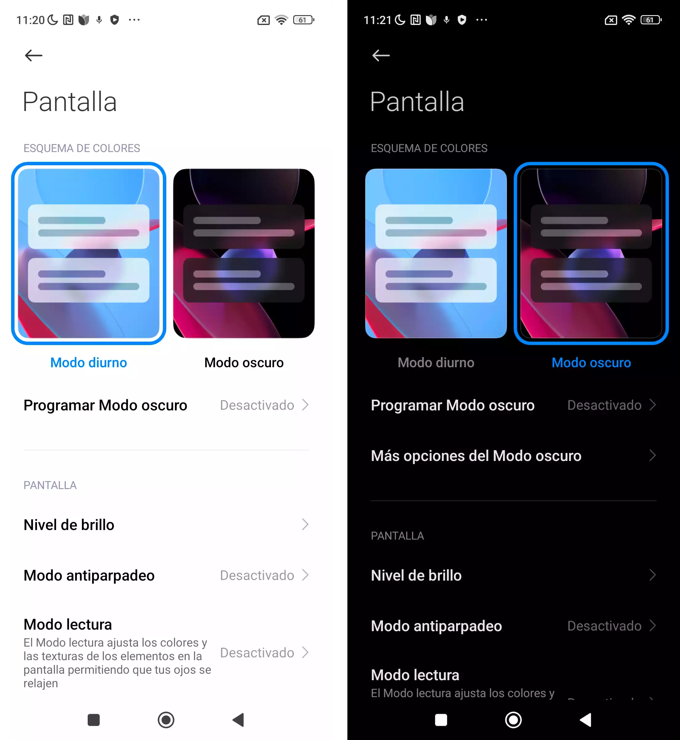 Modo donde podemos seleccionar el claro y el oscuro de la pantalla del Xiaomi 13