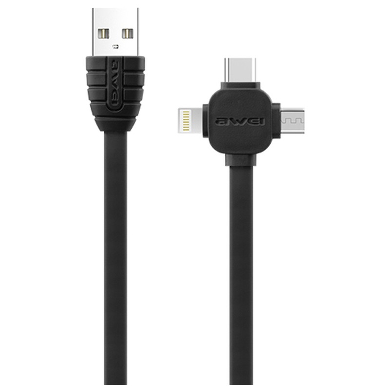 Cable de Carga 3 en 1 Awei CL-82 USB a Lightning/Micro USB/USB-C - Color negro