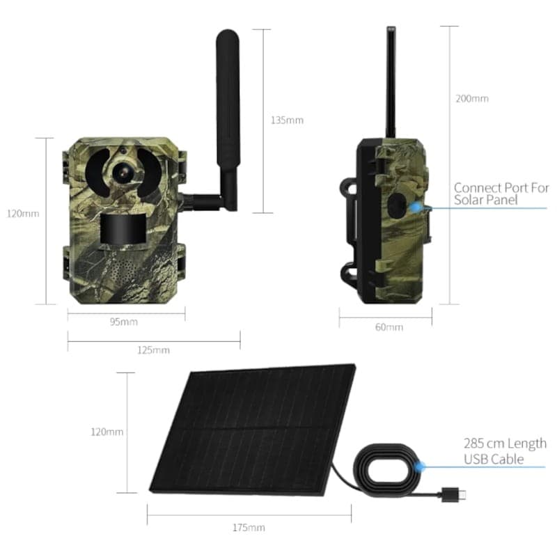 Cámara de seguridad IP Escam QF380 4G/LTE Solar Dimensiones