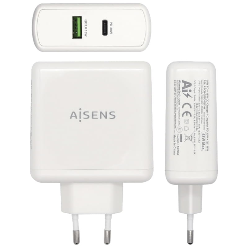 Carregador de parede Aisens ASCH-2PD30QC-W 1xUSB Type-C 1x USB 48W Branco - Item1