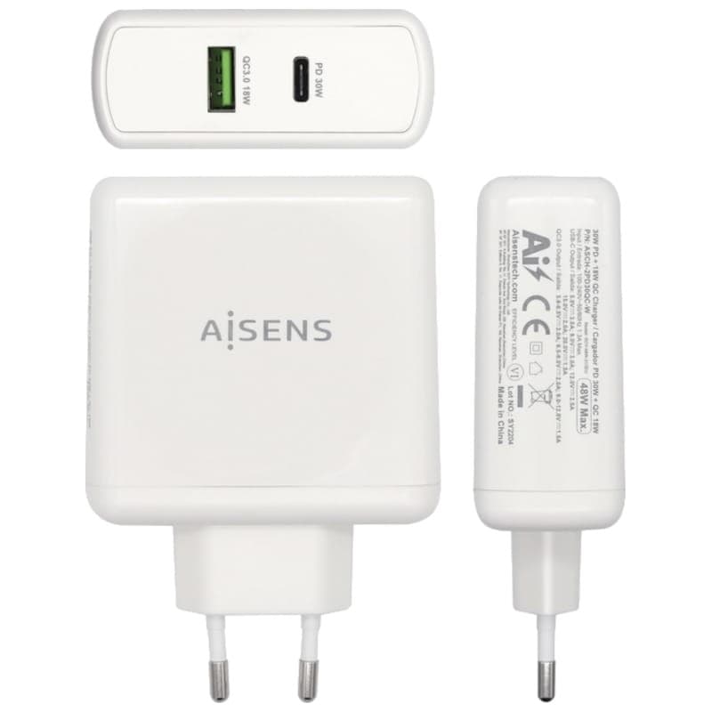 Chargeur Mural Aisens ASCH-2PD30QC-W 48W Blanc 2 Ports USB Arrière