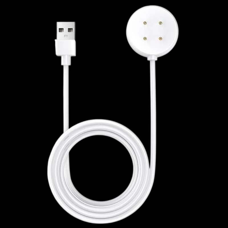 Cabo carregador branco USB-A com base magnética redonda e 4 pinos dourados, compatível com Google Pixel Watch 3/2 e Fitbit Versa 4/3