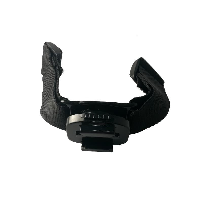 Soporte para Casco Rotativo 360º con correa ajustable negra y base de enganche frontal; hebilla robusta y dial para giro y bloqueo seguro