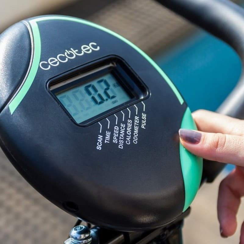 Painel da Bicicleta de exercício dobrável X-Bike com visor digital, botões SCAN, TIME, SPEED, DISTANCE, CALORIES, ODOMETER e PULSE, acabamento preto e verde
