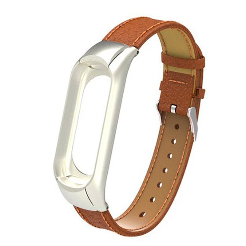 Cool Pulseira Xiaomi Mi Band 3 Couro Castanho + Estrutura de Metal