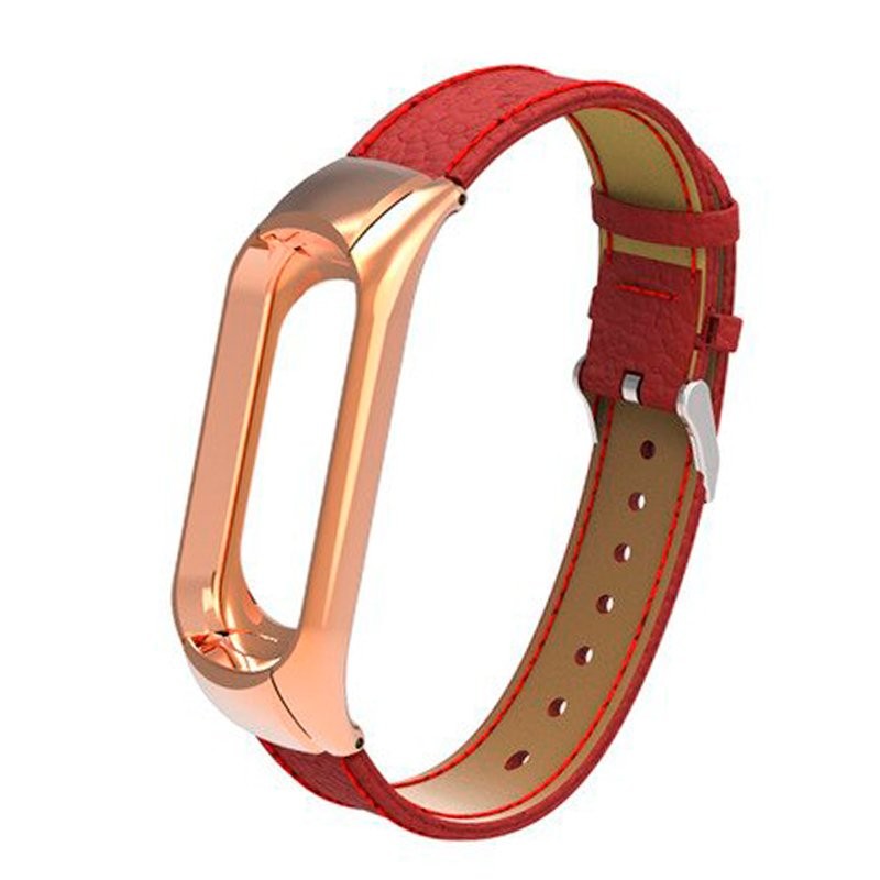 Cool Pulseira Xiaomi Mi Band 3 Couro Vermelho + Estrutura de Metal