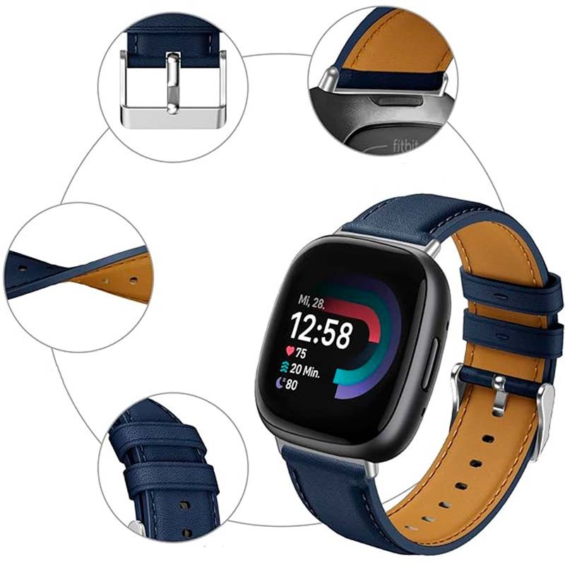 Correa de cuero azul oscuro para Fitbit Versa 4 - Ítem2